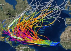 Map showing tracks of all category 4 and 5 hurricanes in Atlantic basin